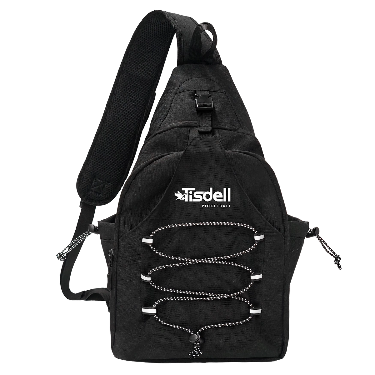 Black sling bag with visible brand logo on a white background