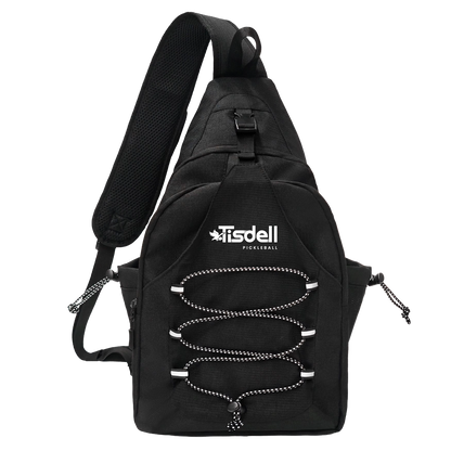 Black sling bag with visible brand logo on a white background