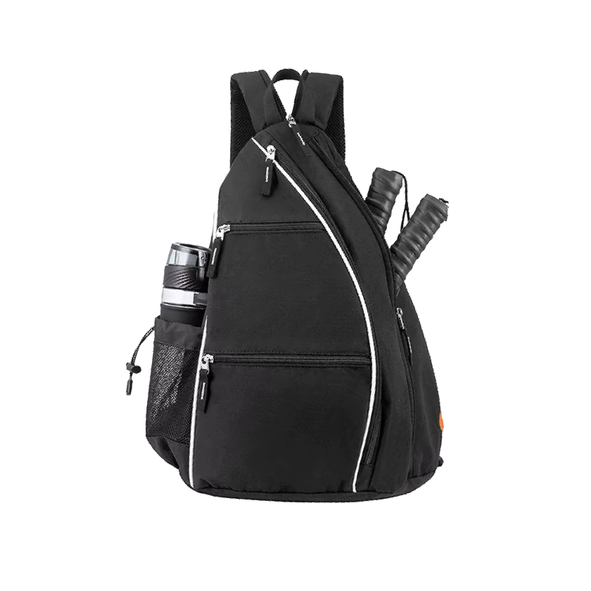 Black backpack with multiple compartments on a white background