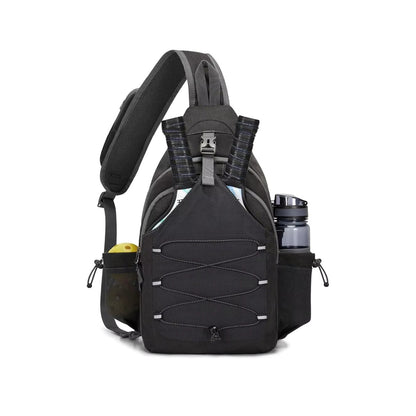 Large lightweight black sling carry bag for pickleball paddles, balls, and accessories with a mesh front. 
