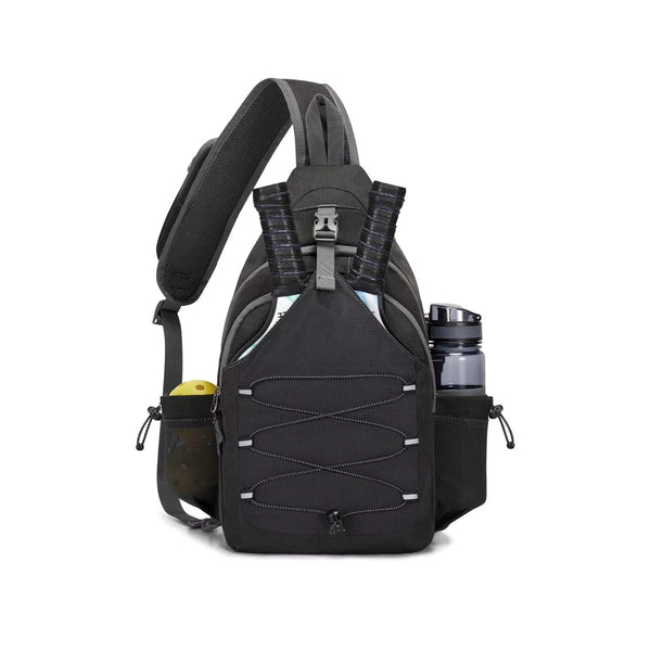 Large lightweight black sling carry bag for pickleball paddles, balls, and accessories with a mesh front. 