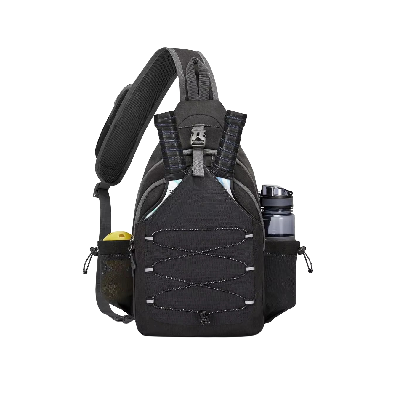Black pickleball sling bag with multiple pockets on a white background