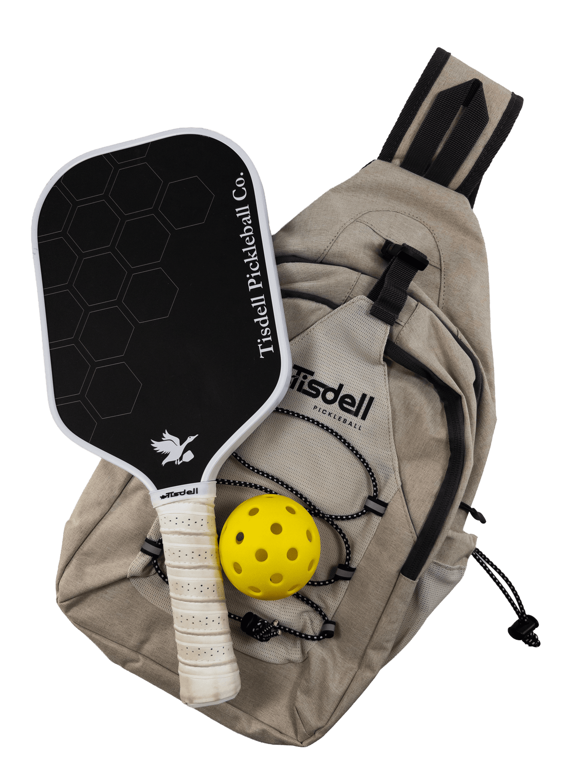 Tisdell pickleball paddle and yellow ball with beige bag on a transparent background
