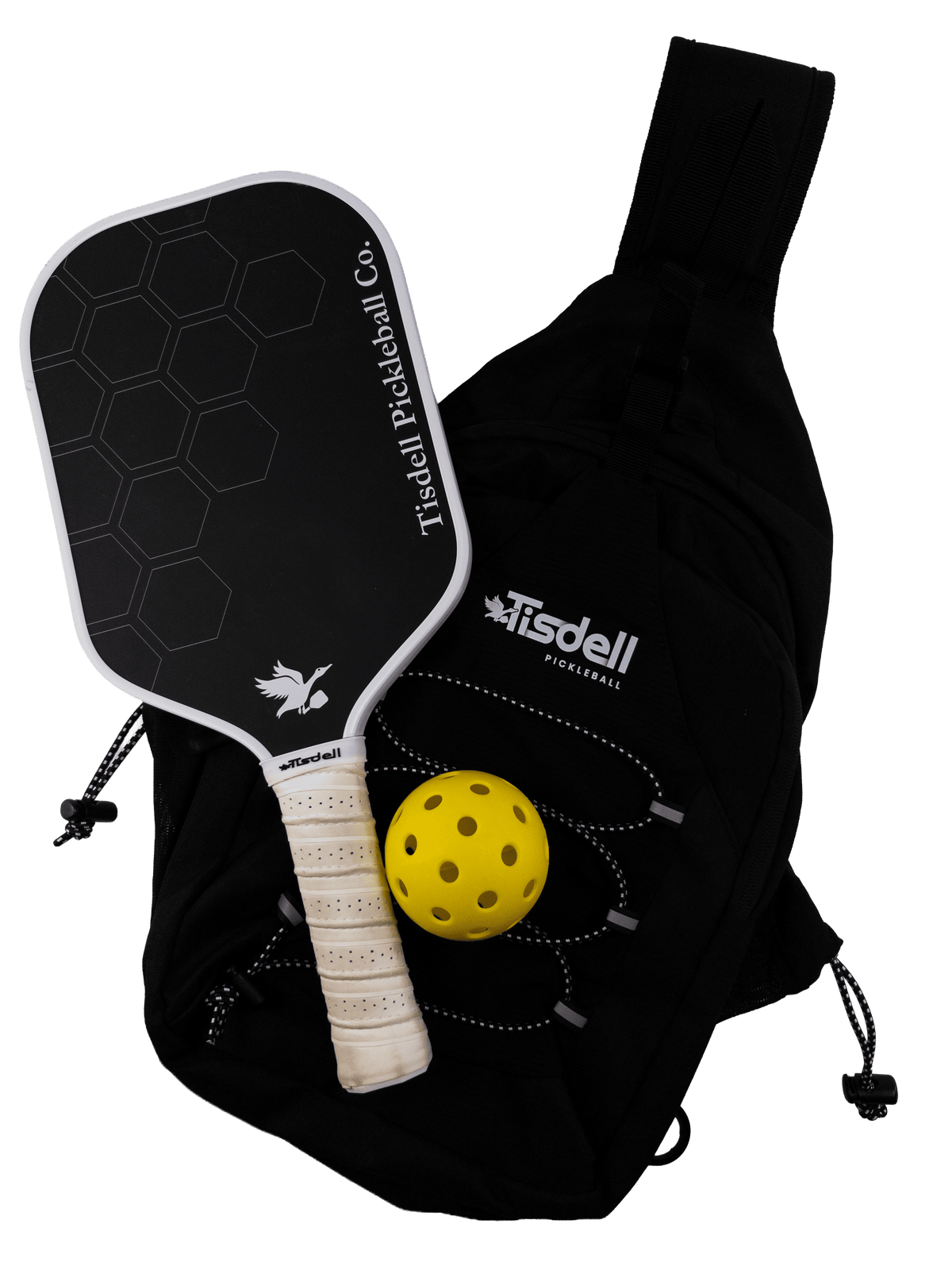 Tisdell pickleball paddle and yellow ball with black bag on a transparent background