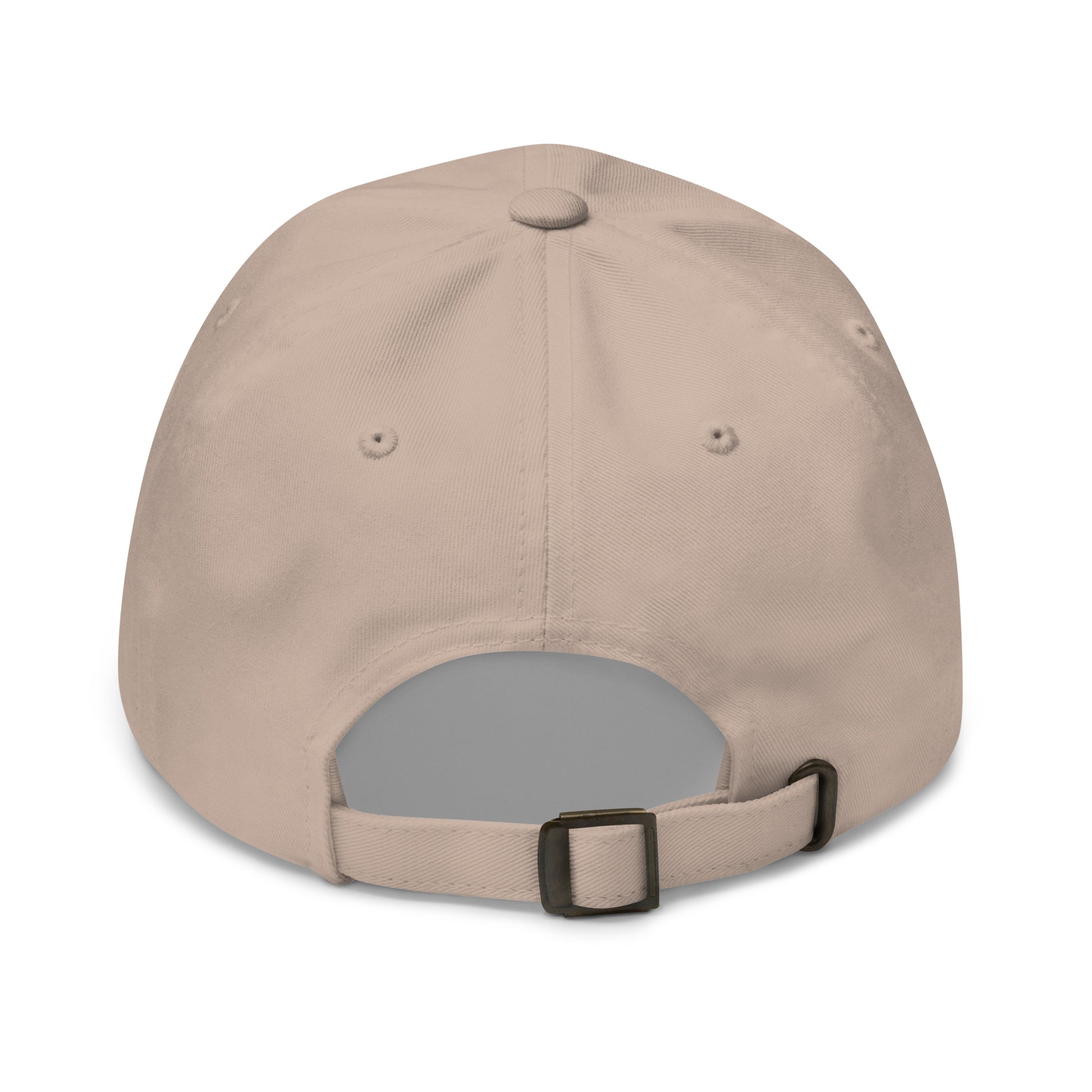 Back of a Tisdell tan dad hat with a bronze buckle.