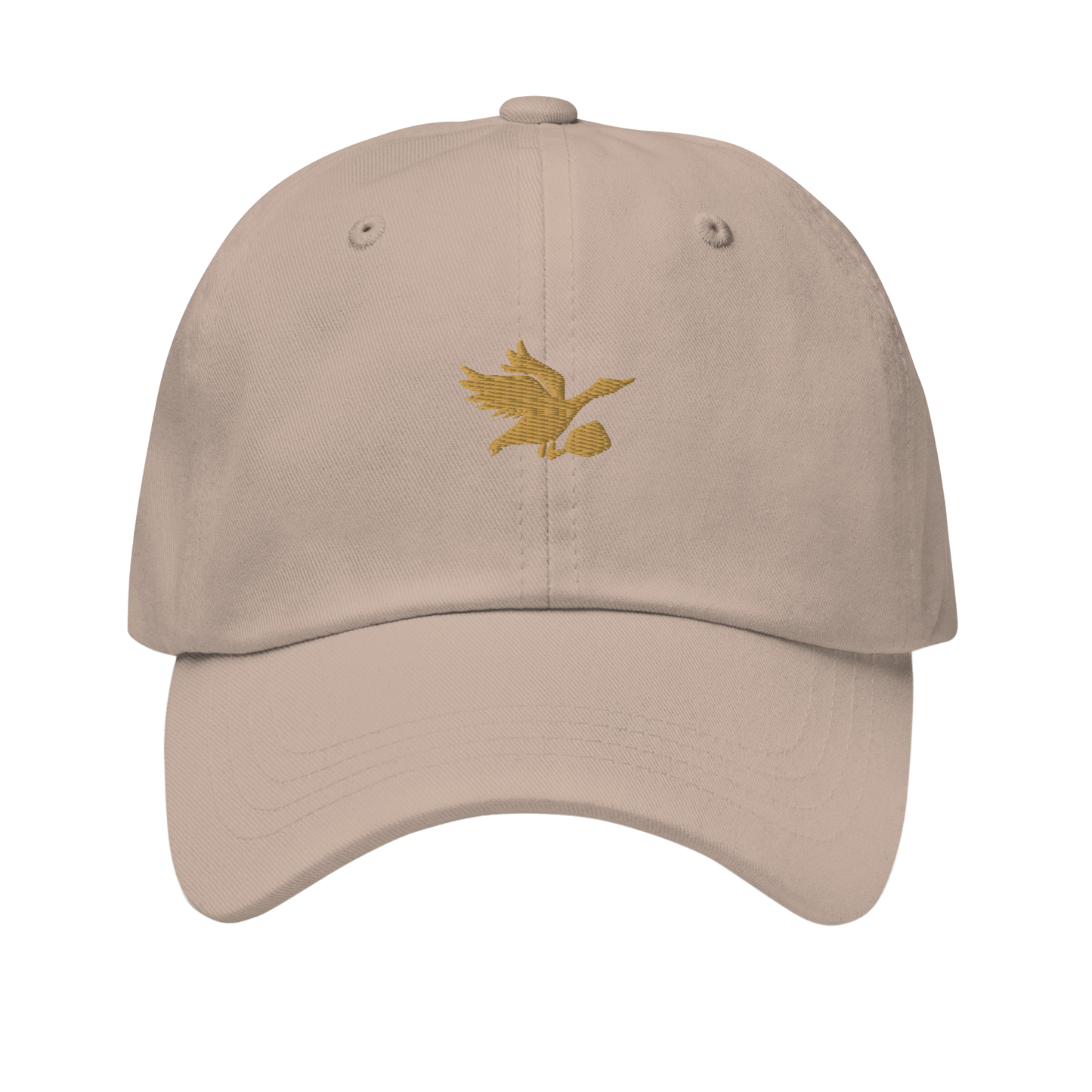 Beige cap with a gold embroidered bird design on a white background