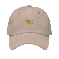 Beige cap with a gold embroidered bird design on a white background