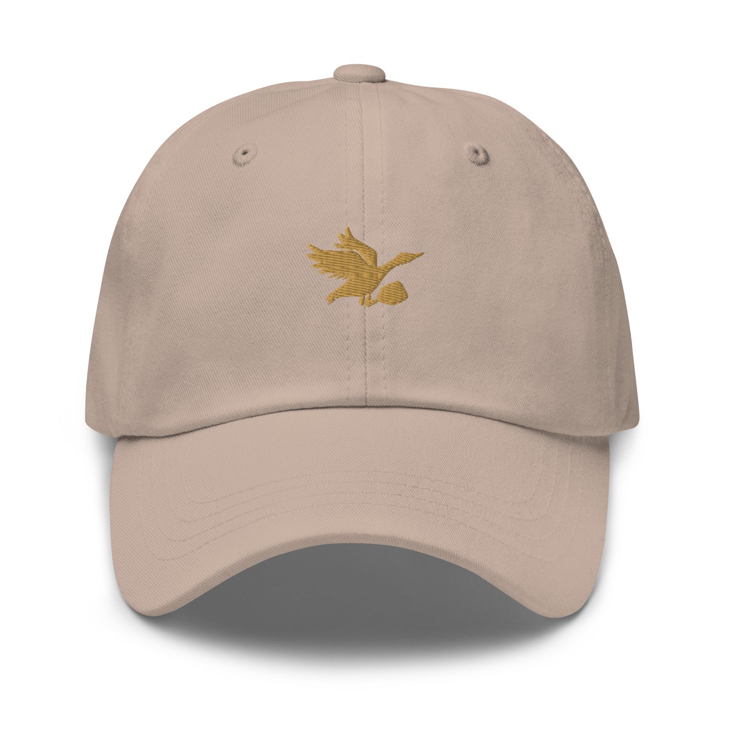 Tan and gold dad hat with Tisdell logo of bird holding a pickleball paddle.