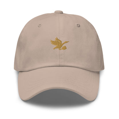 Tan and gold dad hat with Tisdell logo of bird holding a pickleball paddle.