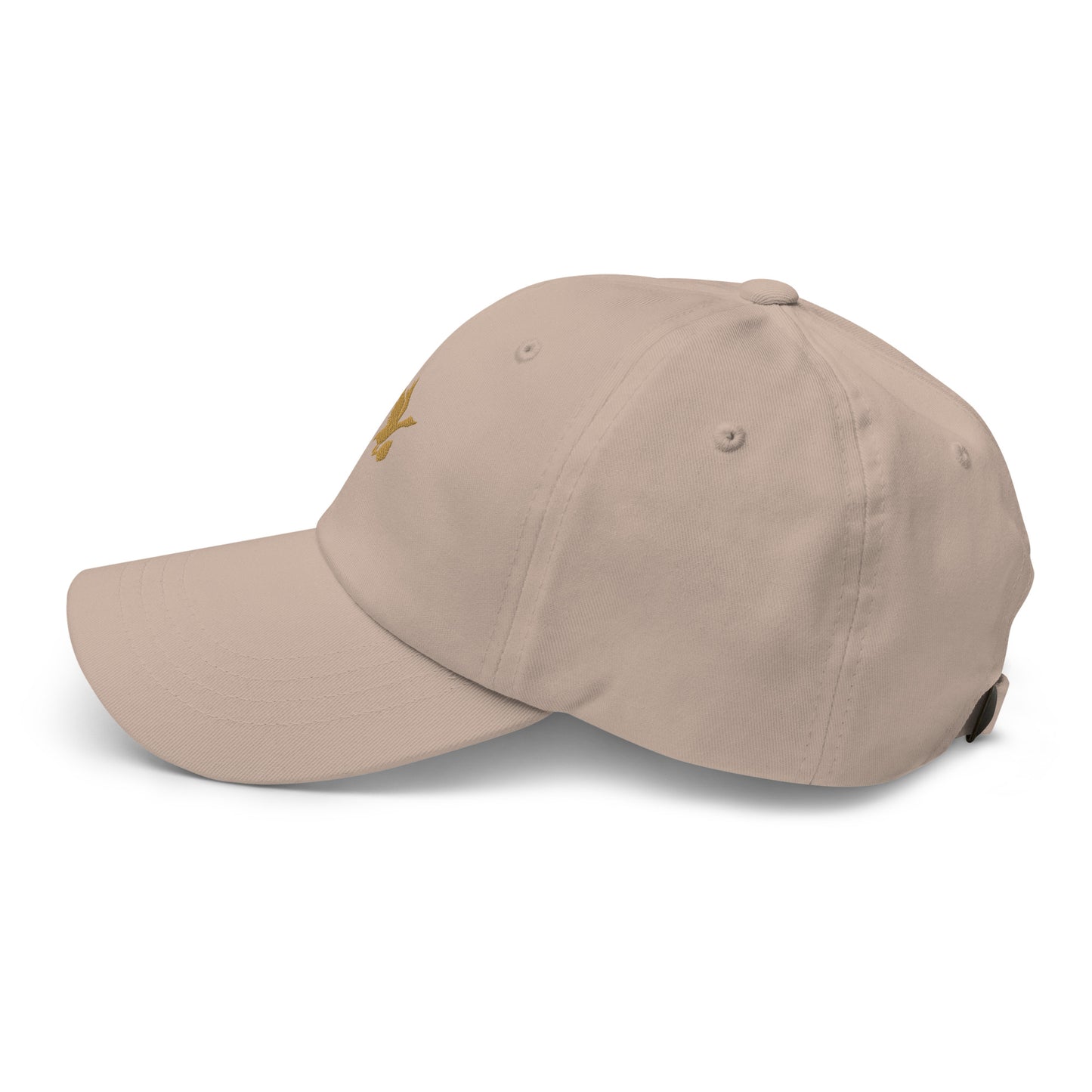 Side view of a tan and gold dad hat with Tisdell logo of bird holding a pickleball paddle.