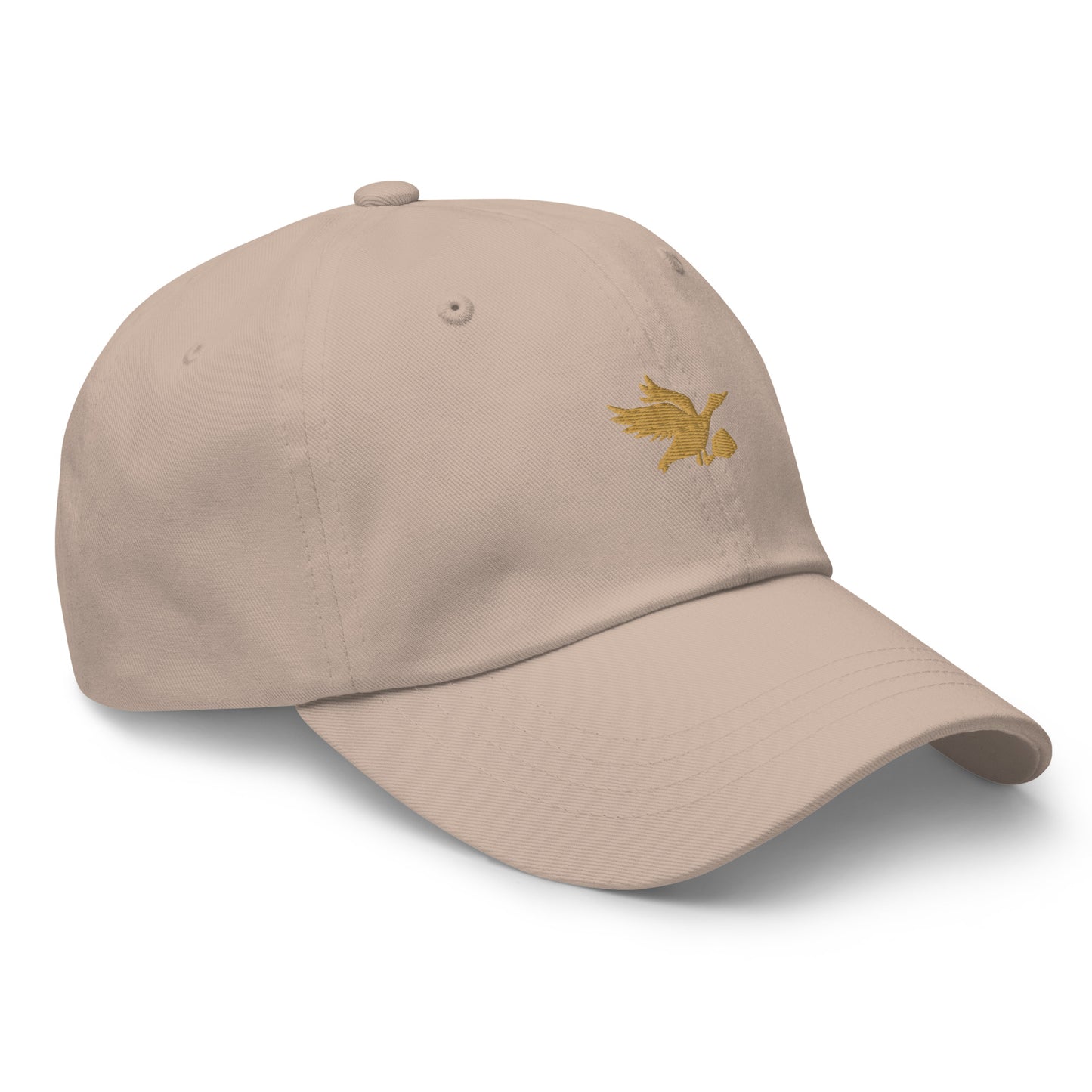 Tan and gold dad hat with Tisdell logo of bird holding a pickleball paddle.