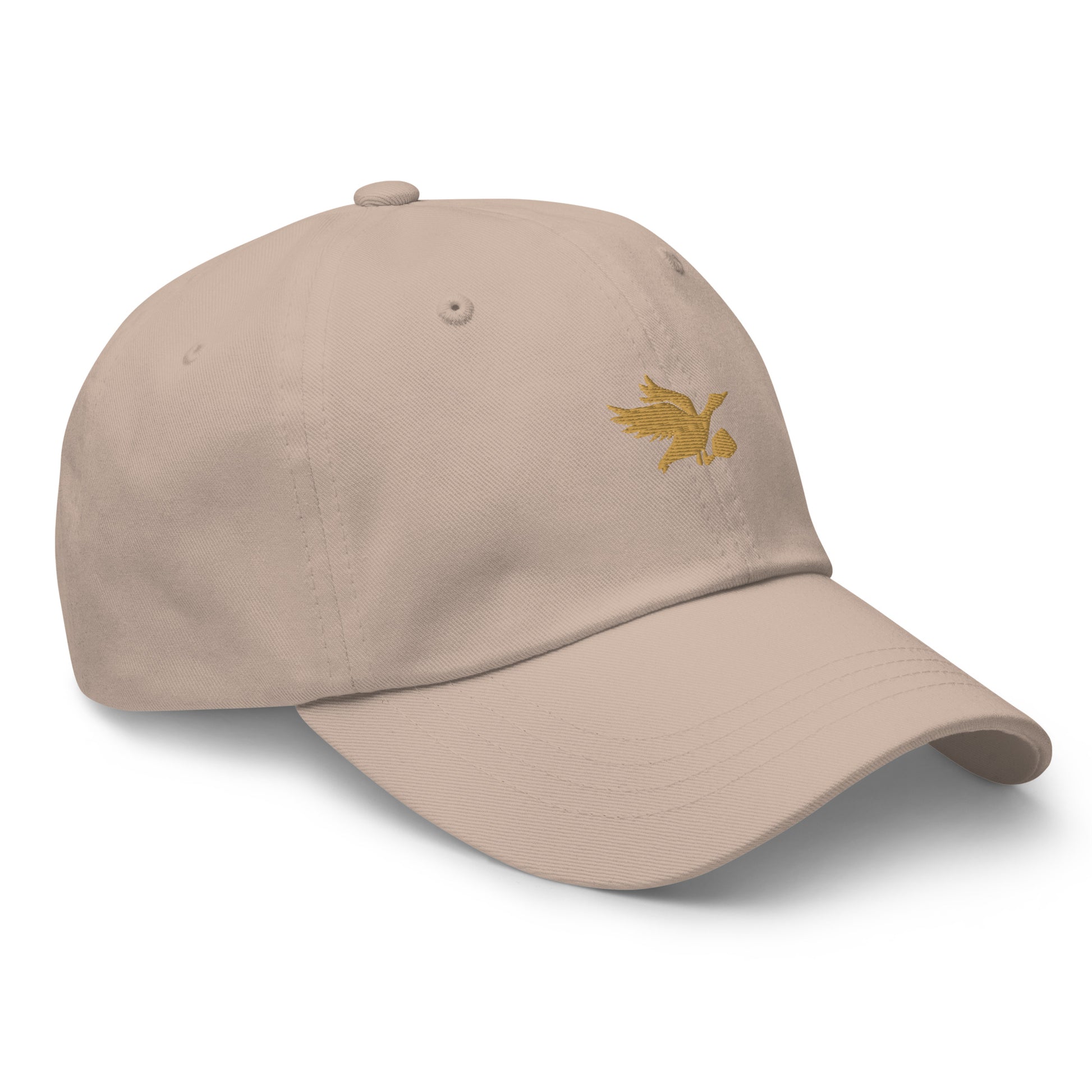 Tan and gold dad hat with Tisdell logo of bird holding a pickleball paddle.