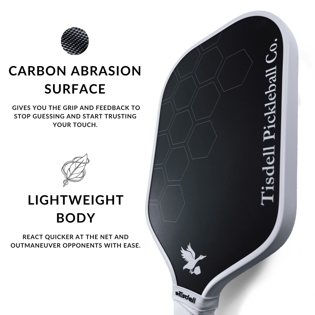Tisdell pickleball paddle with features highlighted on a white background
