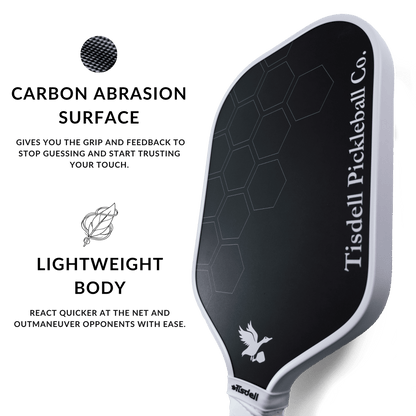 Tisdell pickleball paddle with features highlighted on a white background