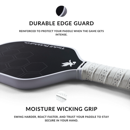 Pickleball paddle with text highlighting durable edge guard and moisture wicking grip on a white background