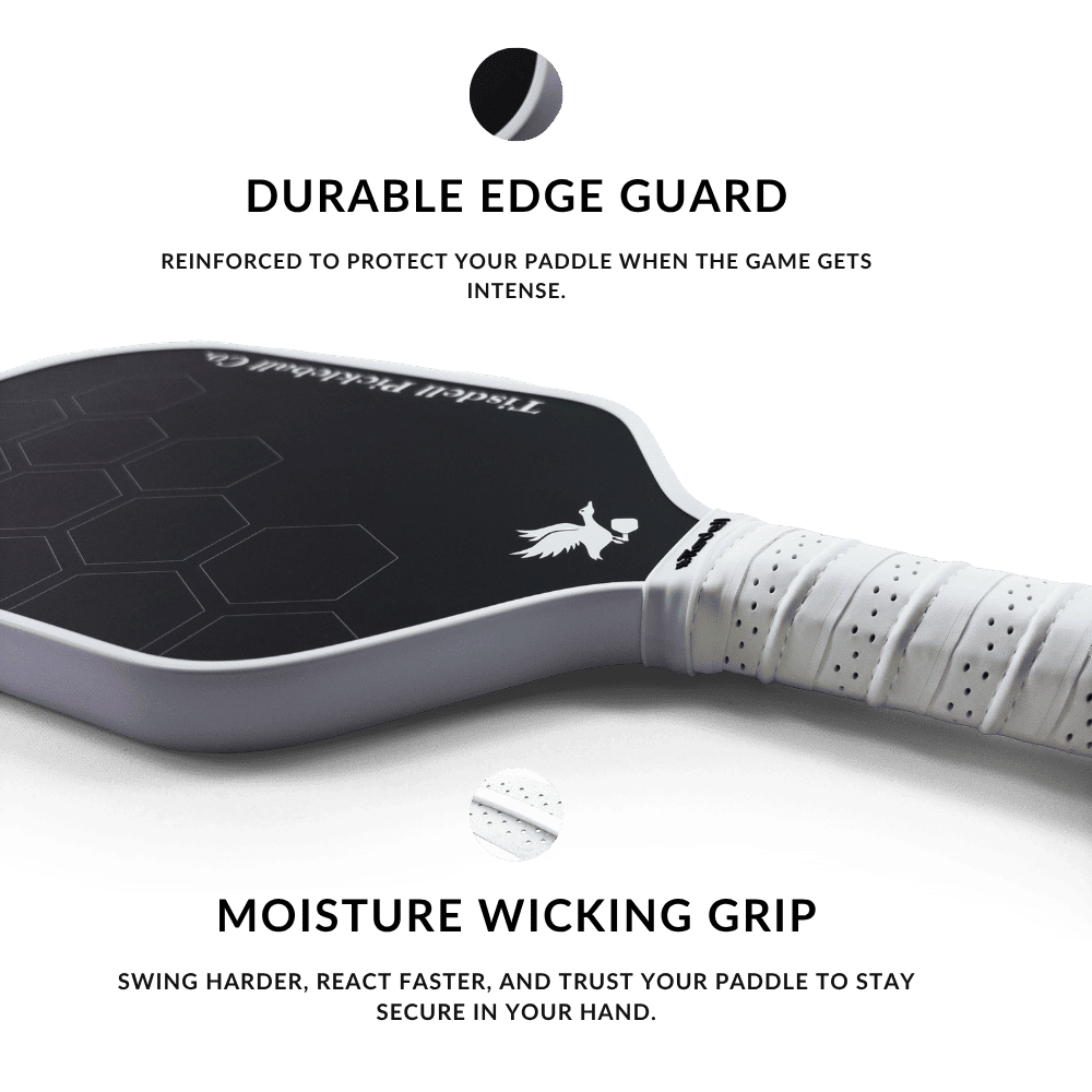 Pickleball paddle with text highlighting durable edge guard and moisture wicking grip on a white background