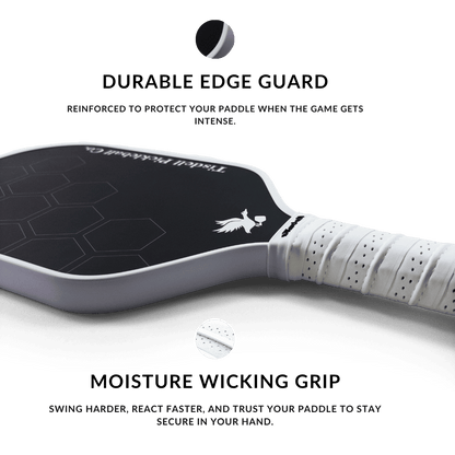 Pickleball paddle with text highlighting durable edge guard and moisture wicking grip on a white background