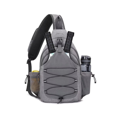 Large lightweight grey sling carry bag for pickleball paddles, balls, and accessories with a mesh front. 
