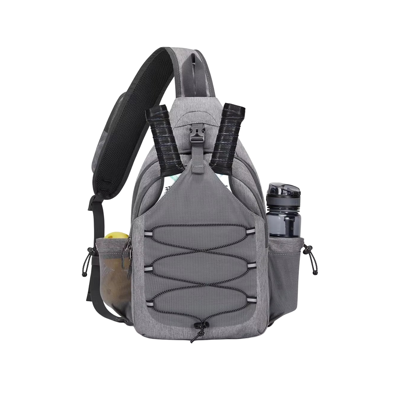 Gray pickleball sling bag with water bottle holder on a white background