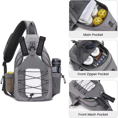 Multiple images showing pocket and storage space for a large grey pickleball carry bag. 