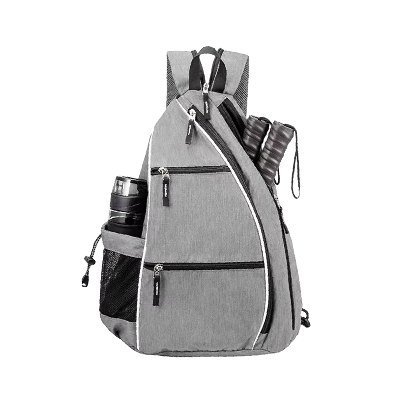 Gray backpack with multiple pockets on a white background