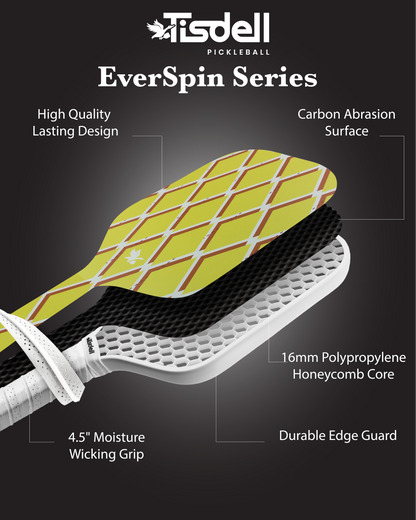 Infographic showing the features of the Tisdell Everspin Series Pickleball Paddle including "Carbon Abrasion Surface - 16mm Polypropylene Honeycomb Core - Durable Edge Guard - High Quality Lasting Design"