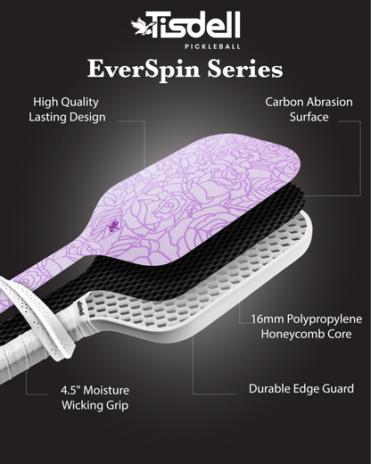 Infographic showing the features of the Tisdell Everspin Series Pickleball Paddle including "Carbon Abrasion Surface - 16mm Polypropylene Honeycomb Core - Durable Edge Guard - High Quality Lasting Design"