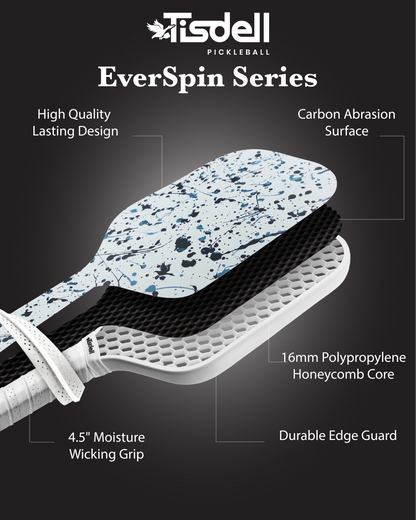 Infographic showing the features of the Tisdell Everspin Series Pickleball Paddle including "Carbon Abrasion Surface - 16mm Polypropylene Honeycomb Core - Durable Edge Guard - High Quality Lasting Design"