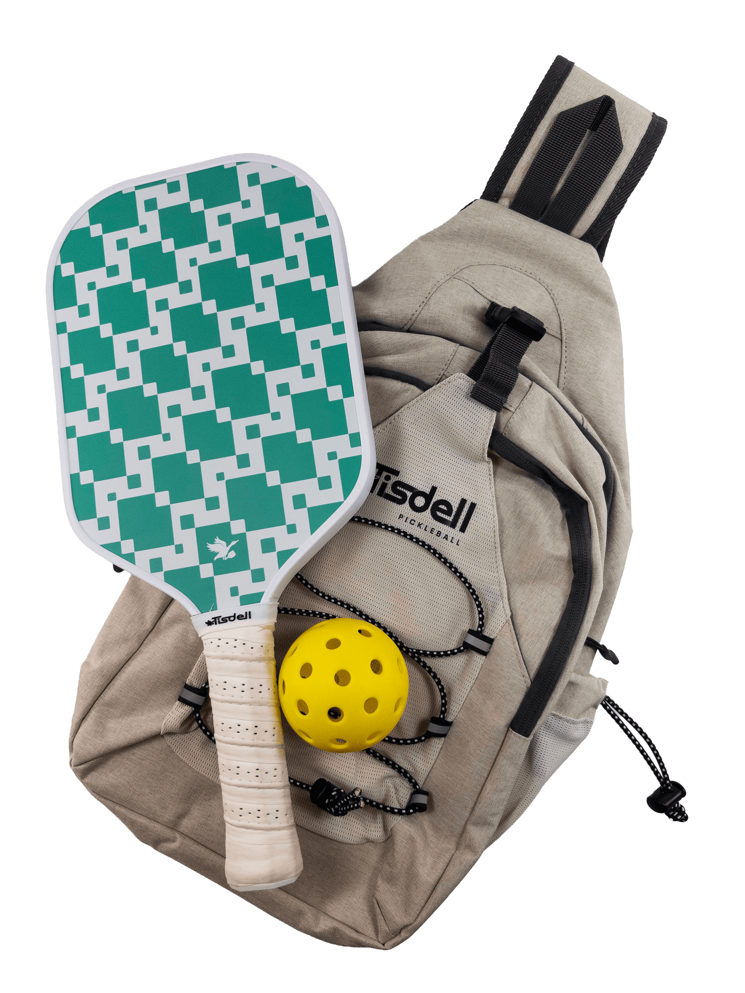 Pickleball paddle with green and white pattern, yellow ball, and beige bag on a transparent background
