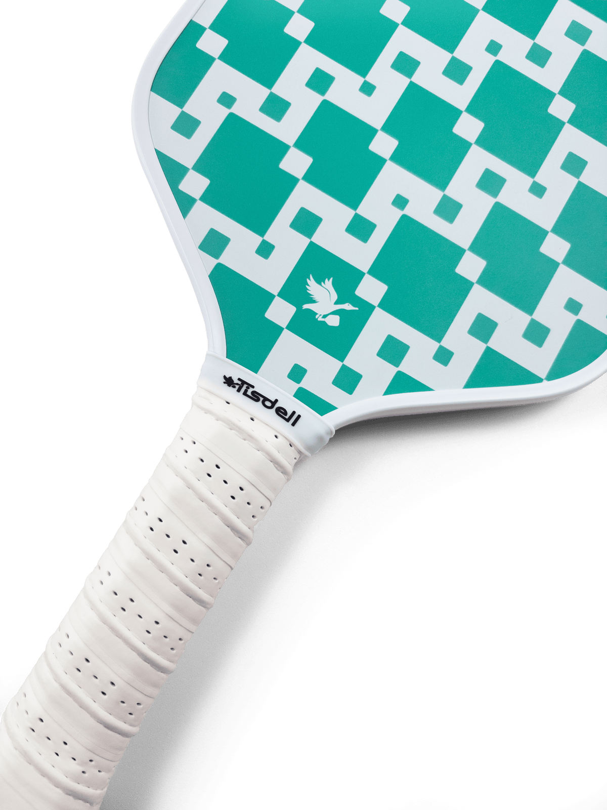 Pickleball paddle with green and white geometric pattern on a clear background