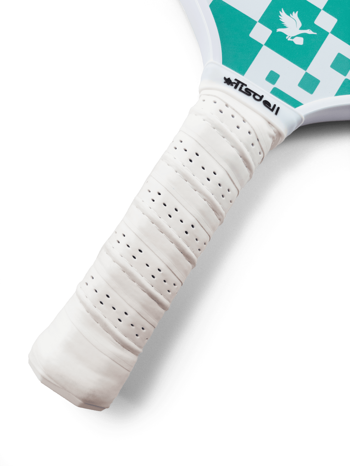Close-up of a pickleball paddle handle with a white grip and black frame on a transparent background