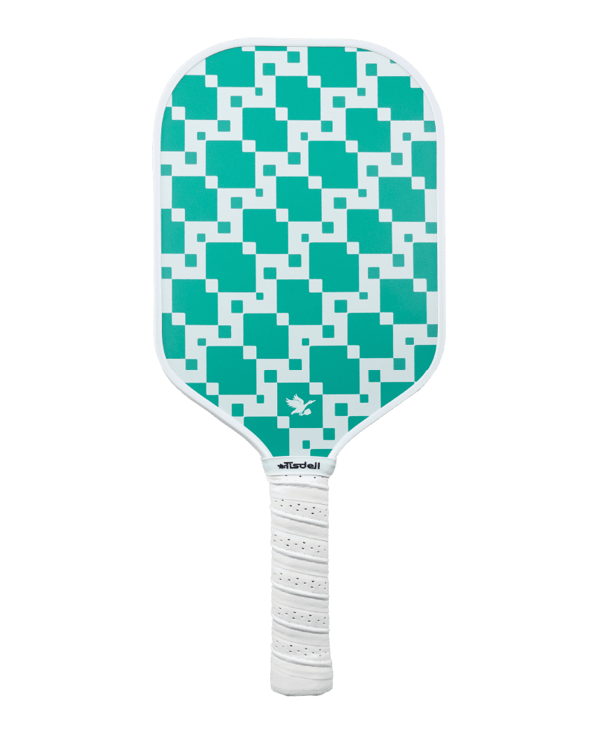 Pickleball paddle with green and white checkered design on a transparent background