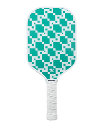 Pickleball paddle with green and white checkered design on a transparent background