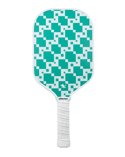 Pickleball paddle with green and white checkered design on a transparent background