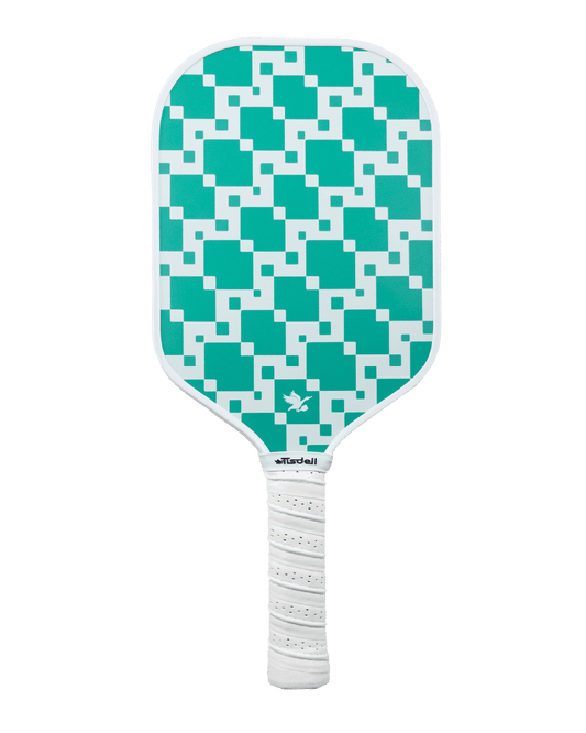 Pickleball paddle with green and white checkered design on a transparent background