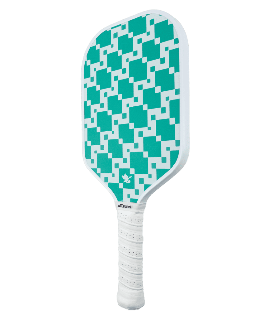 Pickleball paddle with green and white checkered design on a transparent background