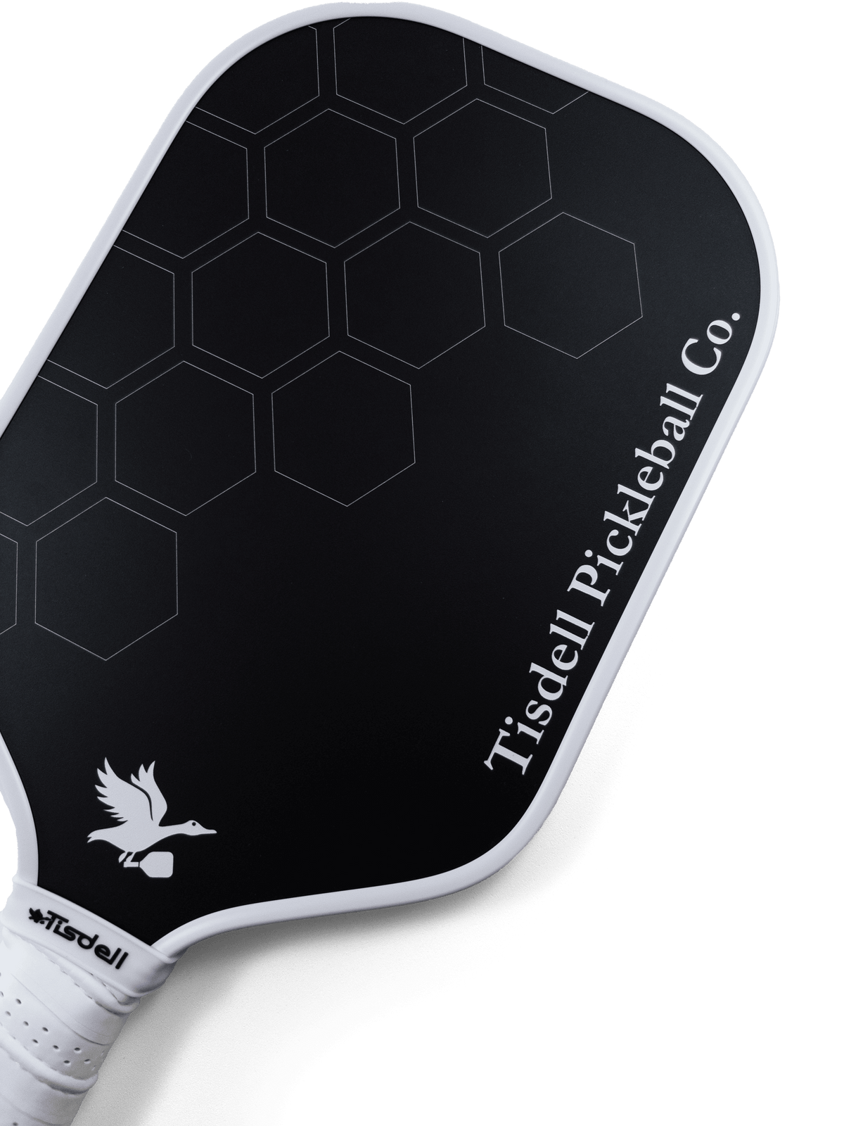 Black pickleball paddle with white accents and 'Tisdell Pickleball Co.' branding on a white background