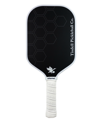 Black pickleball paddle with white handle and 'Tisdell Pickleball Co.' branding on a white background
