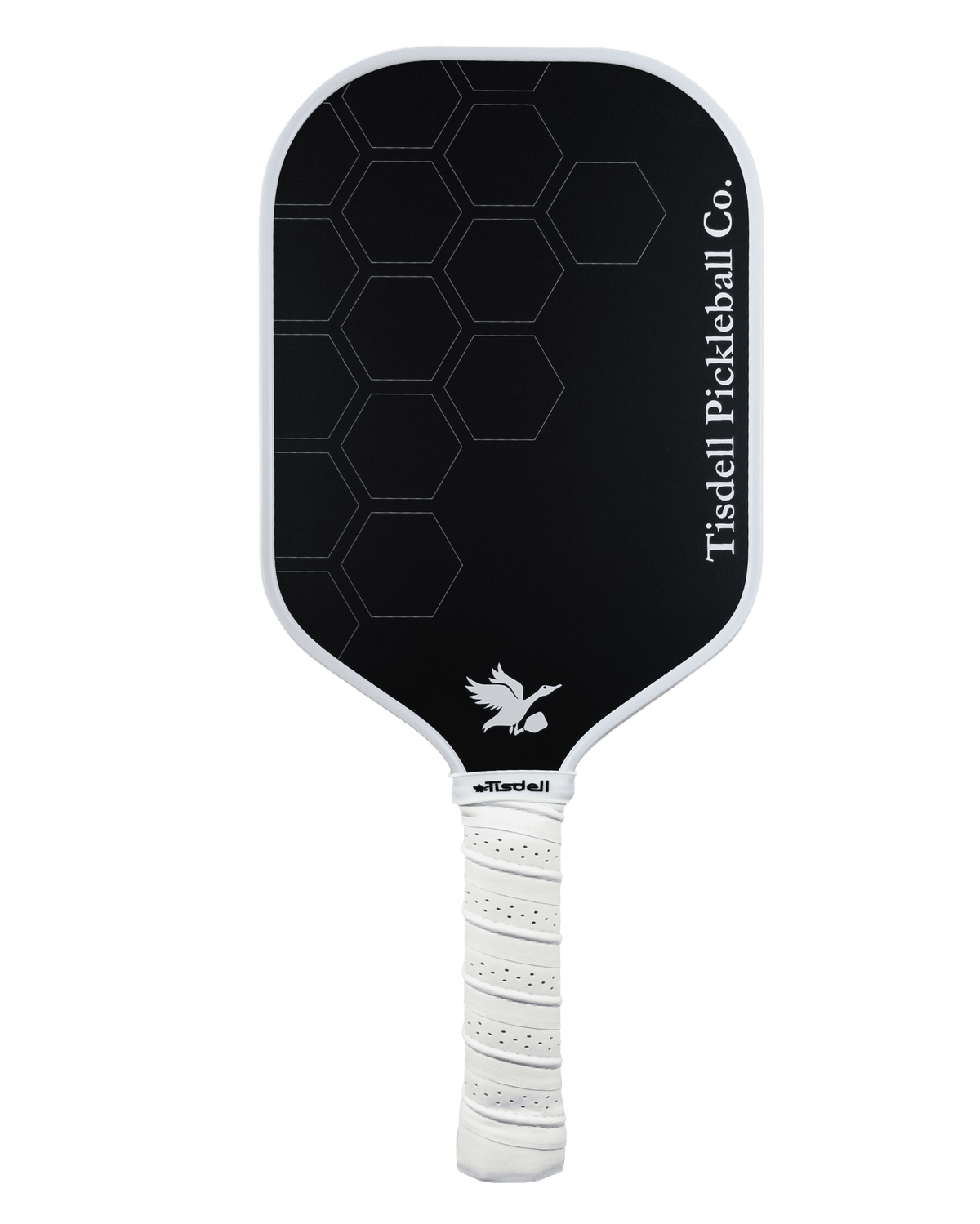 Black pickleball paddle with white handle on a white background