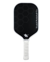 Black pickleball paddle with white handle on a white background