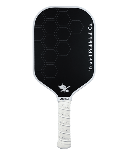Black pickleball paddle with white handle on a white background