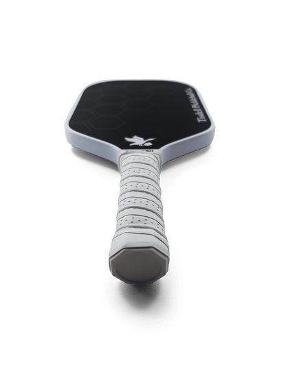 Black pickleball paddle with white handle on a transparent background
