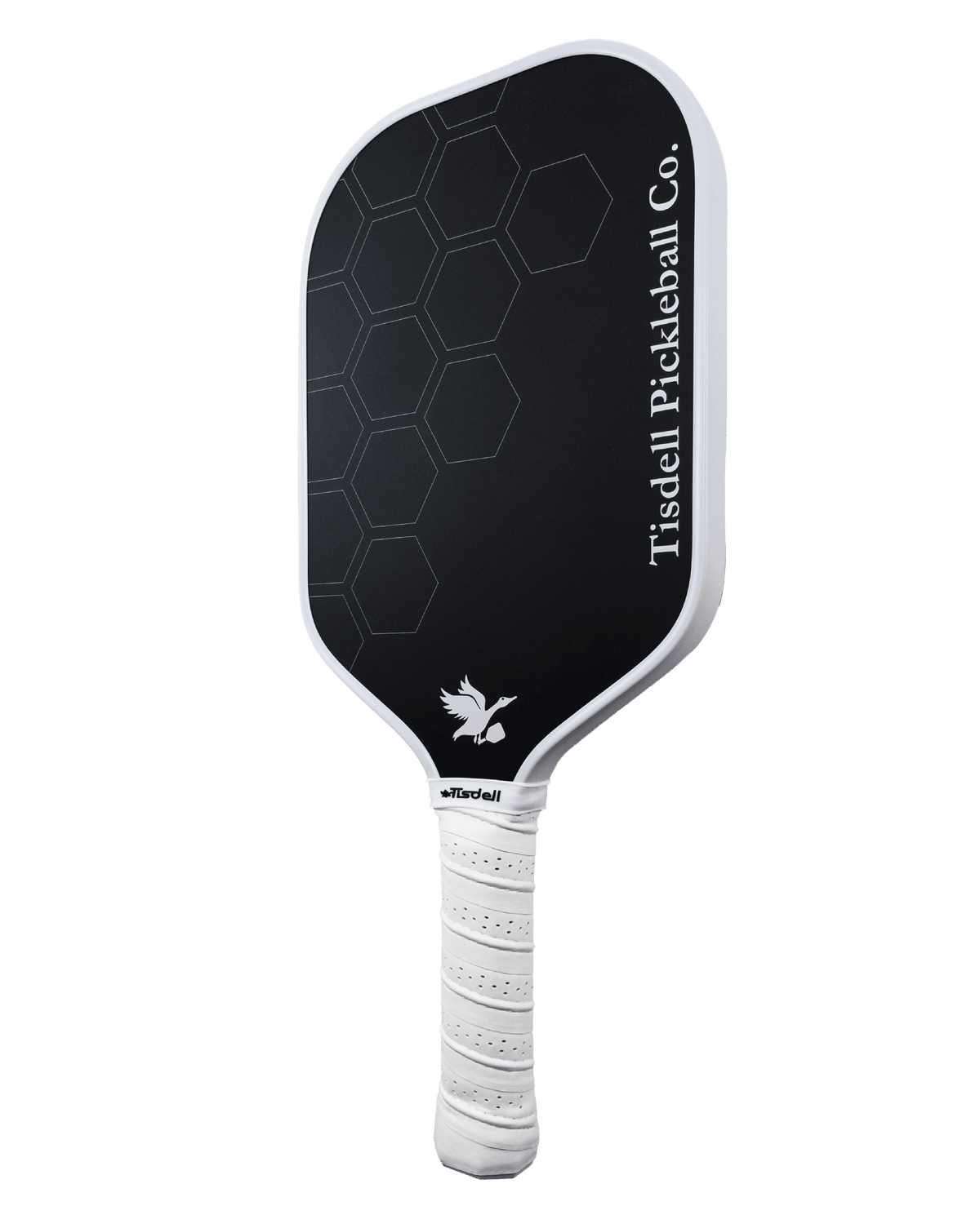 Pickleball paddle with black surface and white handle on a transparent background