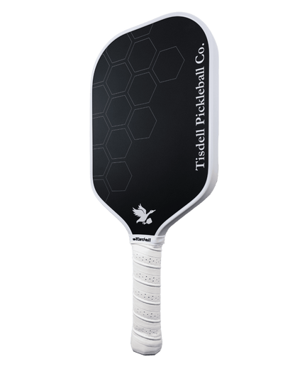 Pickleball paddle with black surface and white handle on a transparent background