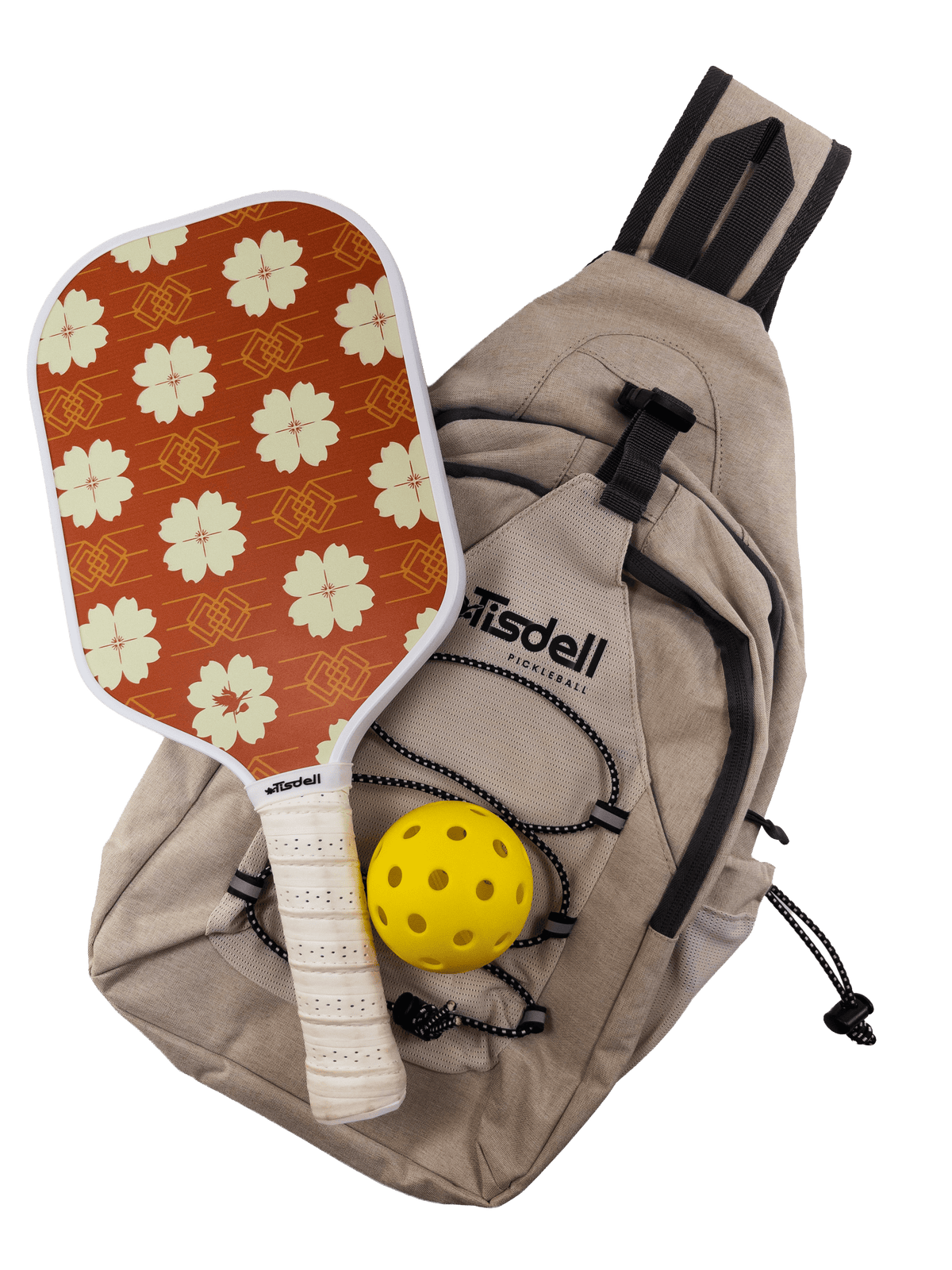Pickleball paddle with floral pattern, yellow ball, and beige bag on a transparent background