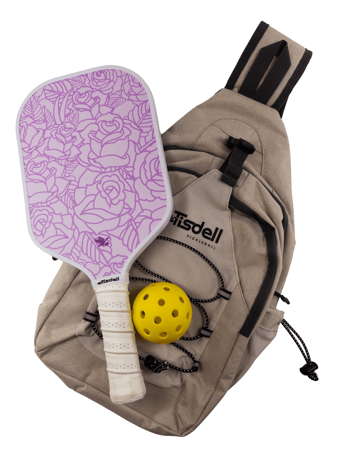 Pickleball paddle with purple design, yellow ball, and beige bag on a transparent background