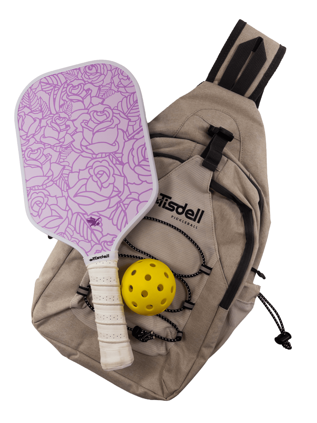 Pickleball paddle with purple design, yellow ball, and beige bag on a transparent background