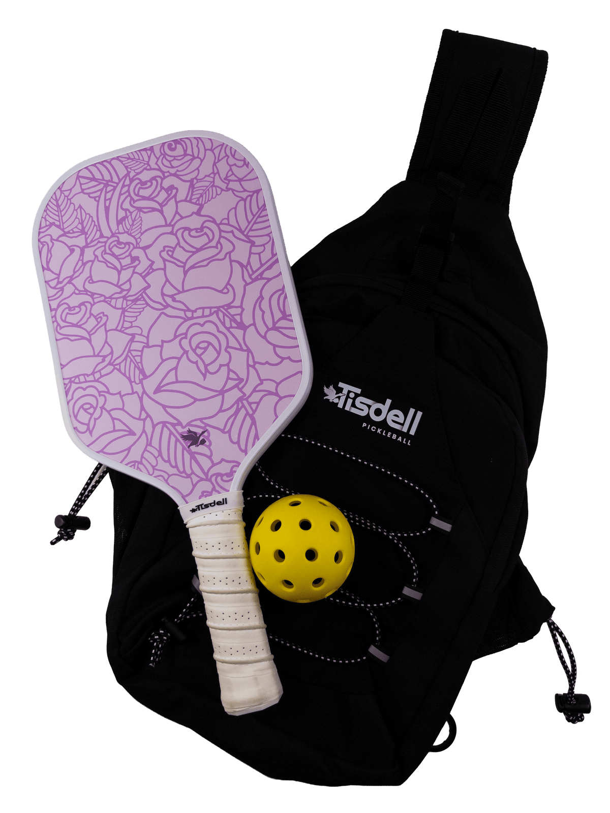 Purple pickleball paddle with floral pattern, yellow ball, and black bag on a transparent background