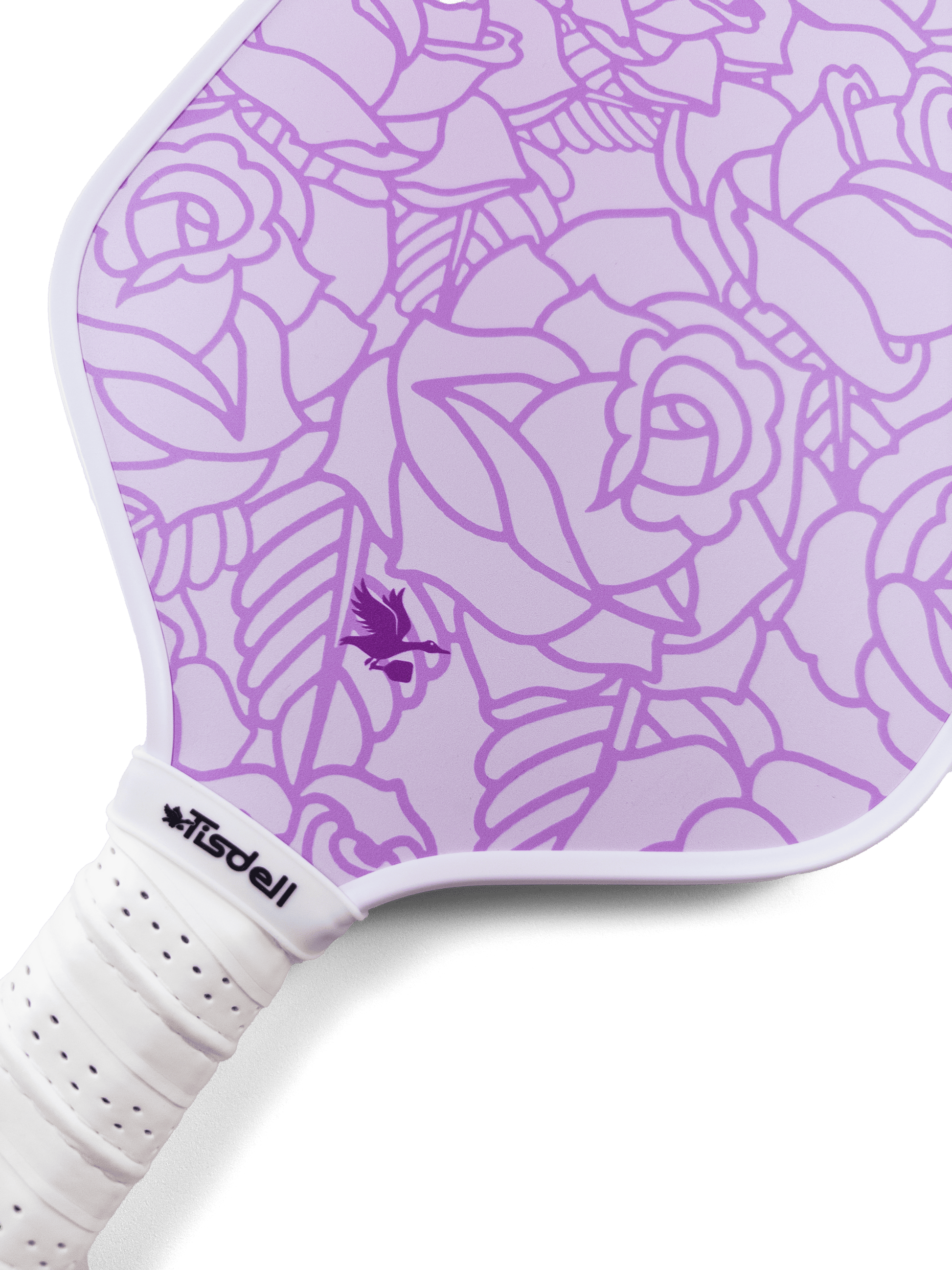 Pickleball paddle with purple floral pattern on a transparent background