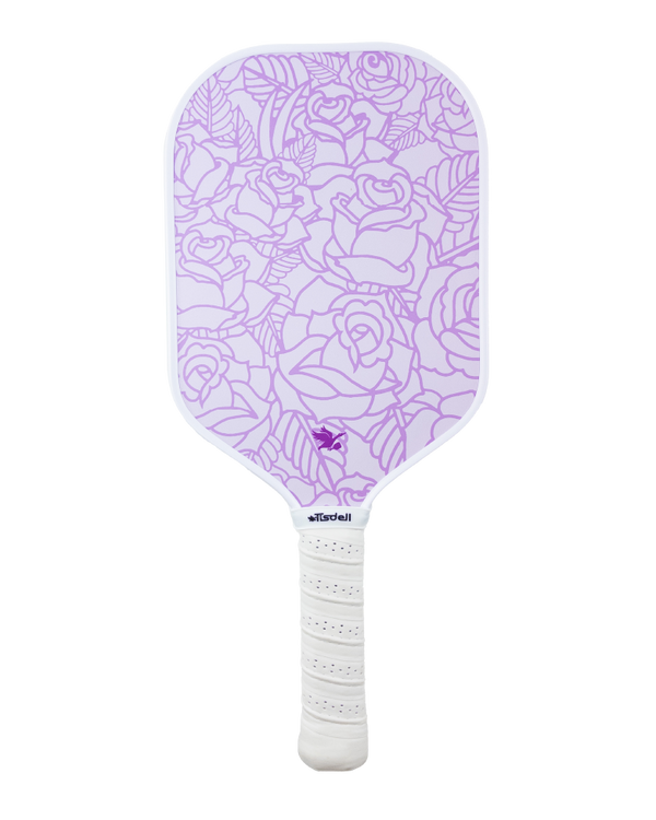 Purple and pink rose pattern 16mm pickleball paddle with a carbon fiber surface.